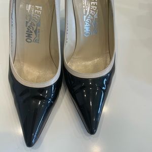Ferragamo black patent and cream heels. Size 38